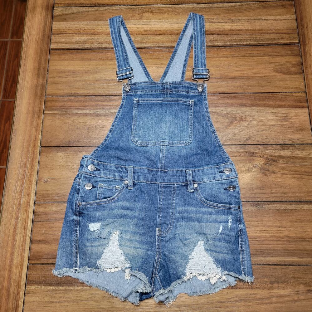 No Boundaries Girls Dark Wash Shortalls - Size Junior Medium (7-9) - Picture 1 of 7